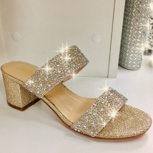 Bella Luna Shoes - Gold Party Rhinestone Mule Slide low 2.5” Heel